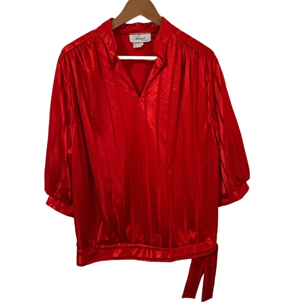 Beautiful Vintage 80s Aimee Red 3/4 Balloon Sleeves Tie Waist Hem Blouse‎ SZ 20W